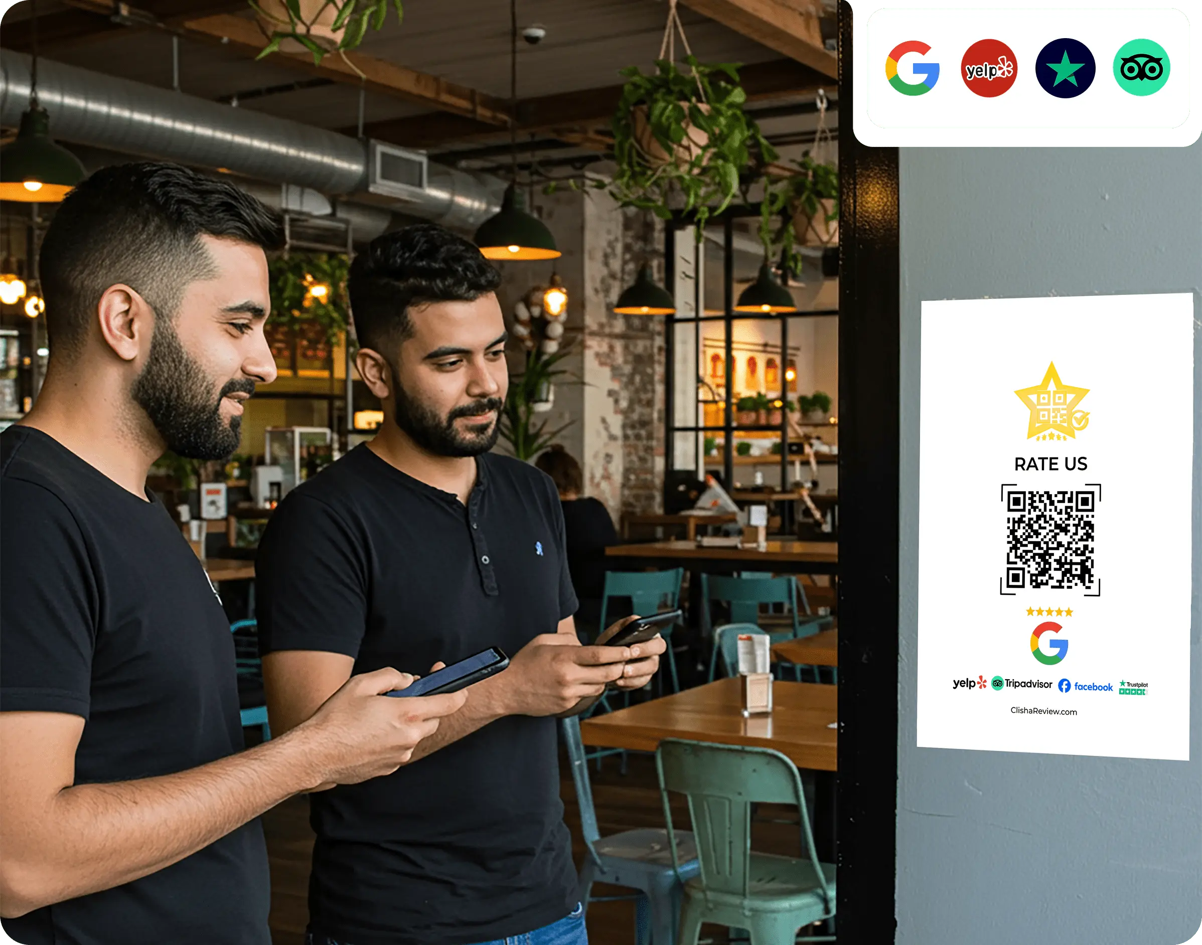 Two men in a restaurant looking at their phone